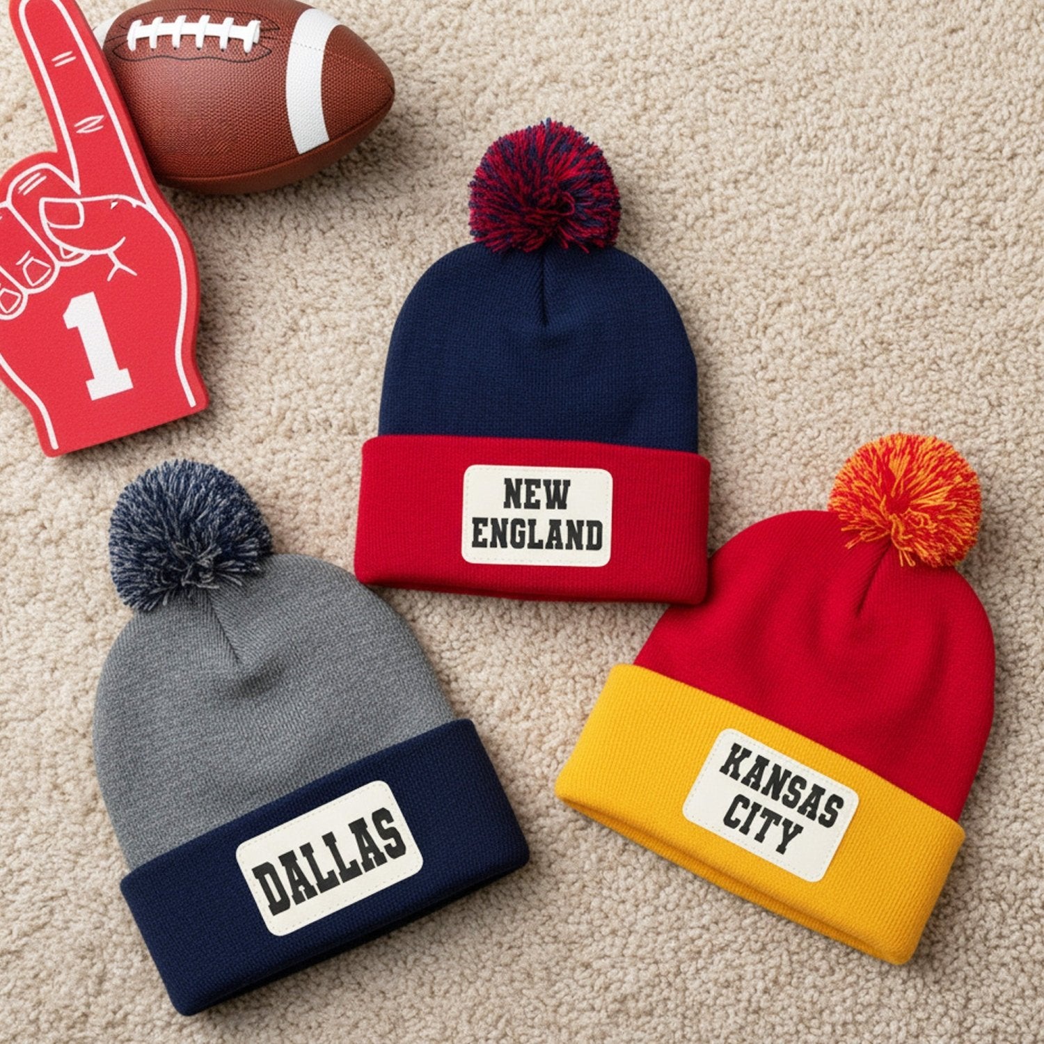 Cuffed Pompom Football and College Beanie w Custom Text, Personalized Gifts for Him and Her - Gifts Are Blue