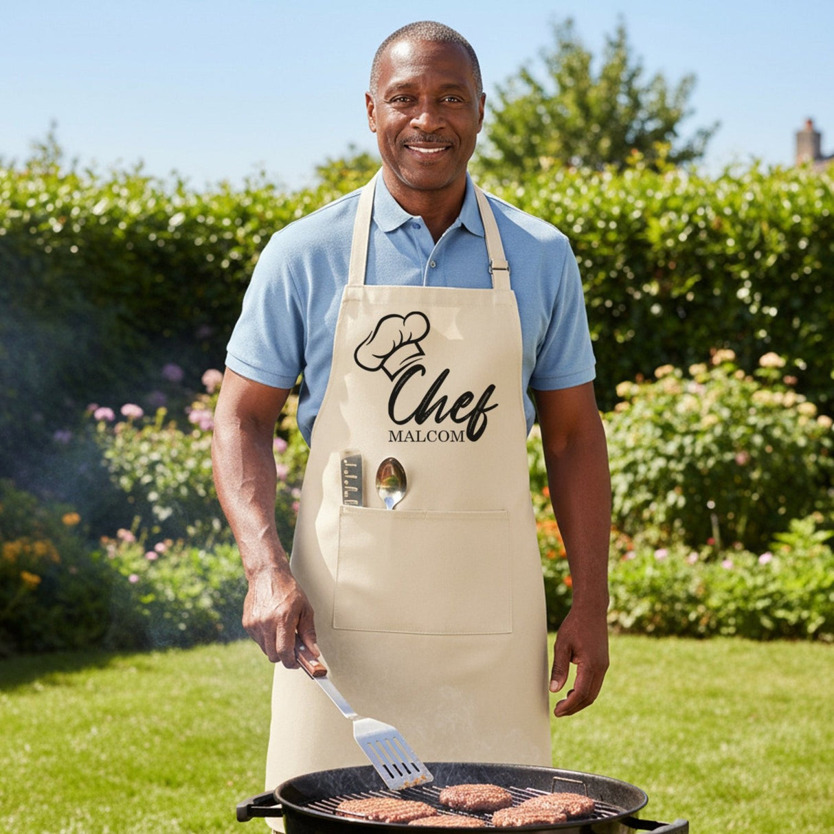 Chef Hat w Name Personalized Apron w Pocket, Custom Gifts for Dad and Grandpa - Gifts Are Blue