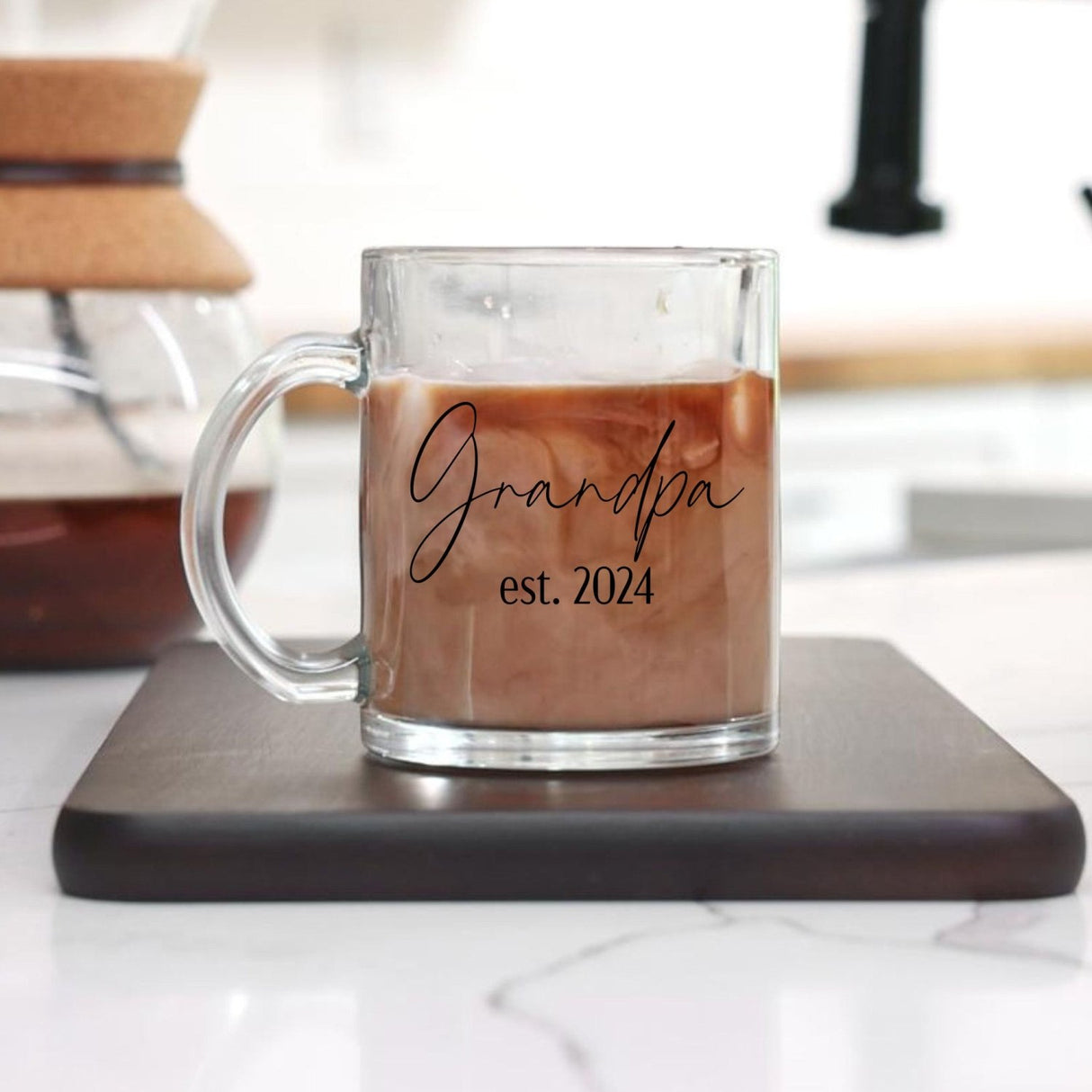 Coffee mug for Grandpa with name and year. Clear glass Father’s Day gift. Minimalist Father’s Day mug personalized with name perfect gift for him.