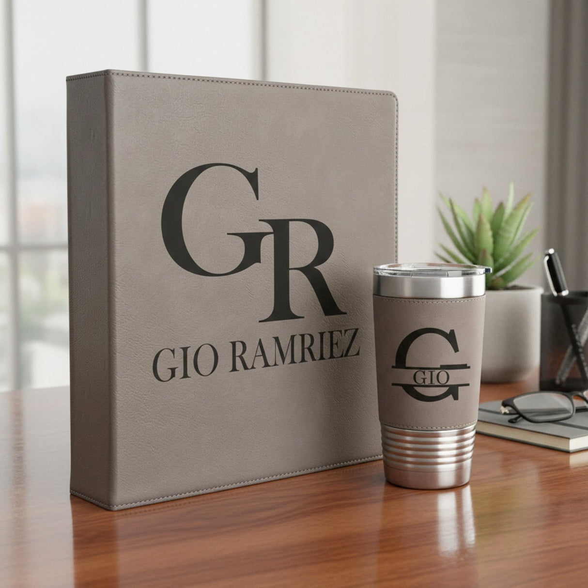 Faux Leather Personalized Binder and 20oz Tumbler Gift Set for Him - Gifts Are Blue
