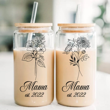Personalized glass tumbler with birth month flower and custom year. Cute iced coffee cup with straw for mom.