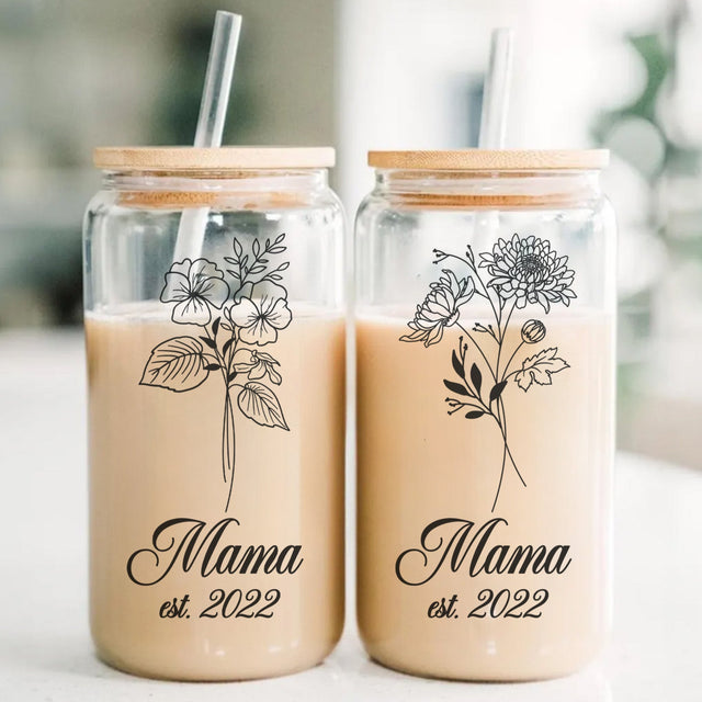 Personalized glass tumbler with birth month flower and custom year. Cute iced coffee cup with straw for mom.