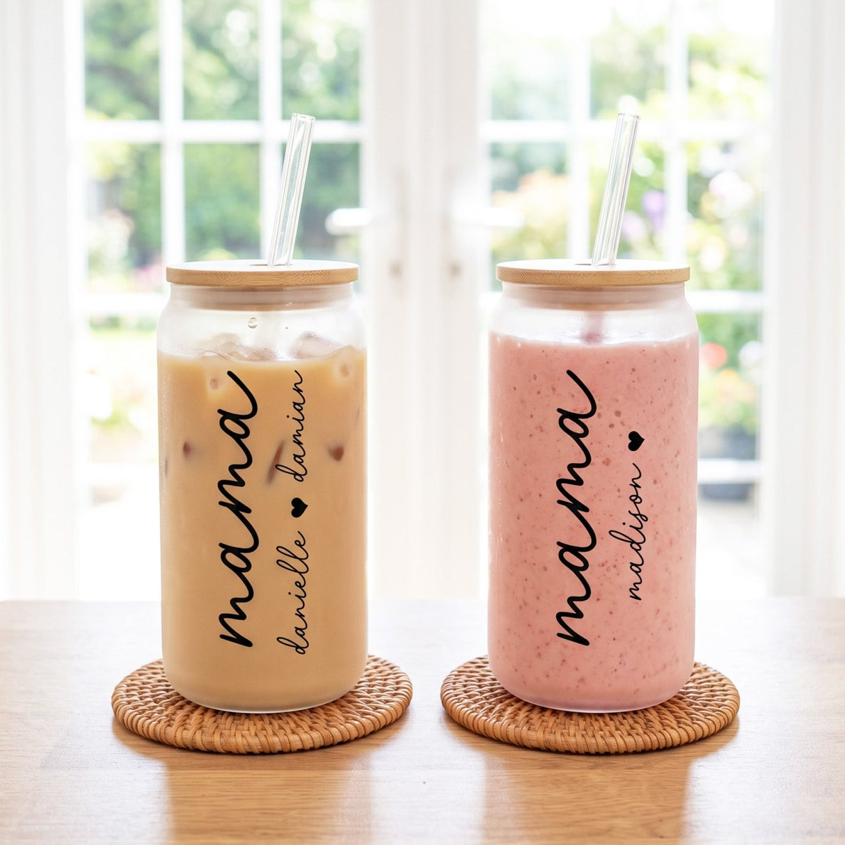 Libbey glass can with bamboo lid and straw, a personalized iced coffee tumbler with year for mom. Gift ideas for moms who love coffee.