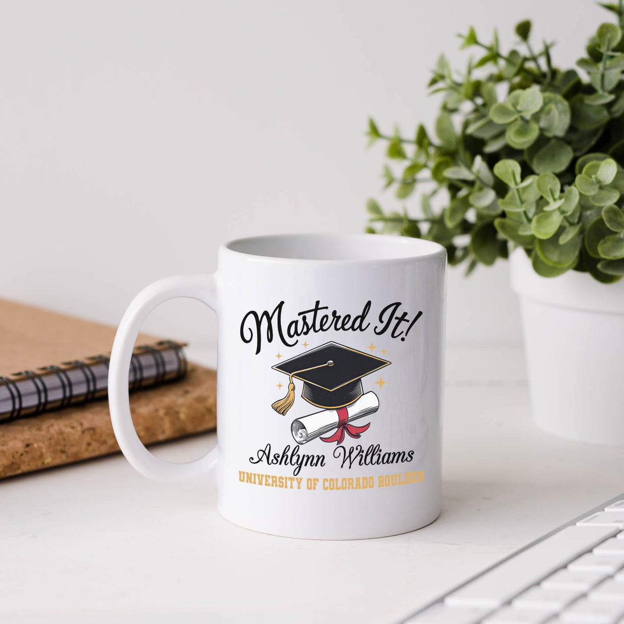 Masters degree graduation mug for Class of 2025, personalized with graduate's name and university, perfect for gifting.