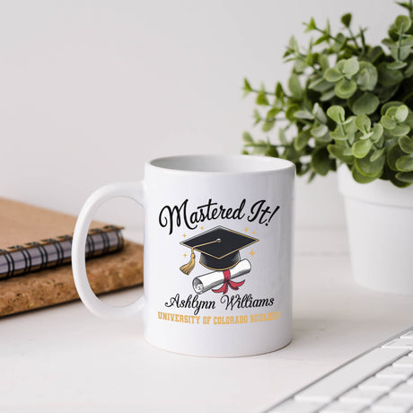 Masters degree graduation mug for Class of 2025, personalized with graduate's name and university, perfect for gifting.