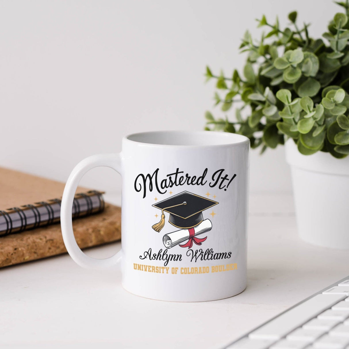 Masters degree graduation mug for Class of 2025, personalized with graduate's name and university, perfect for gifting.