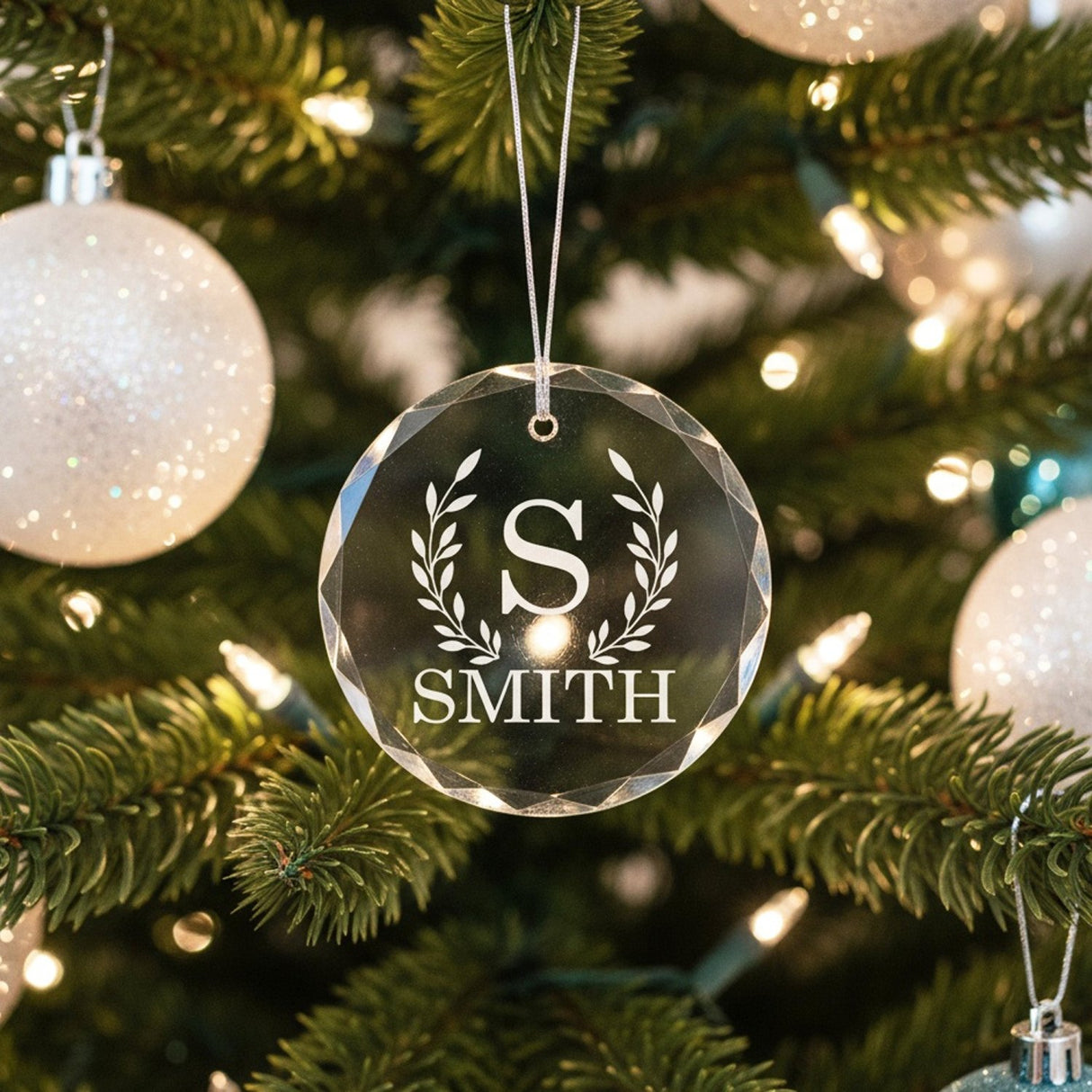 Wreath Initial Last Name Personalized Crystal Ornament for Christmas with Gift Box, Variety of Shapes - Gifts Are Blue