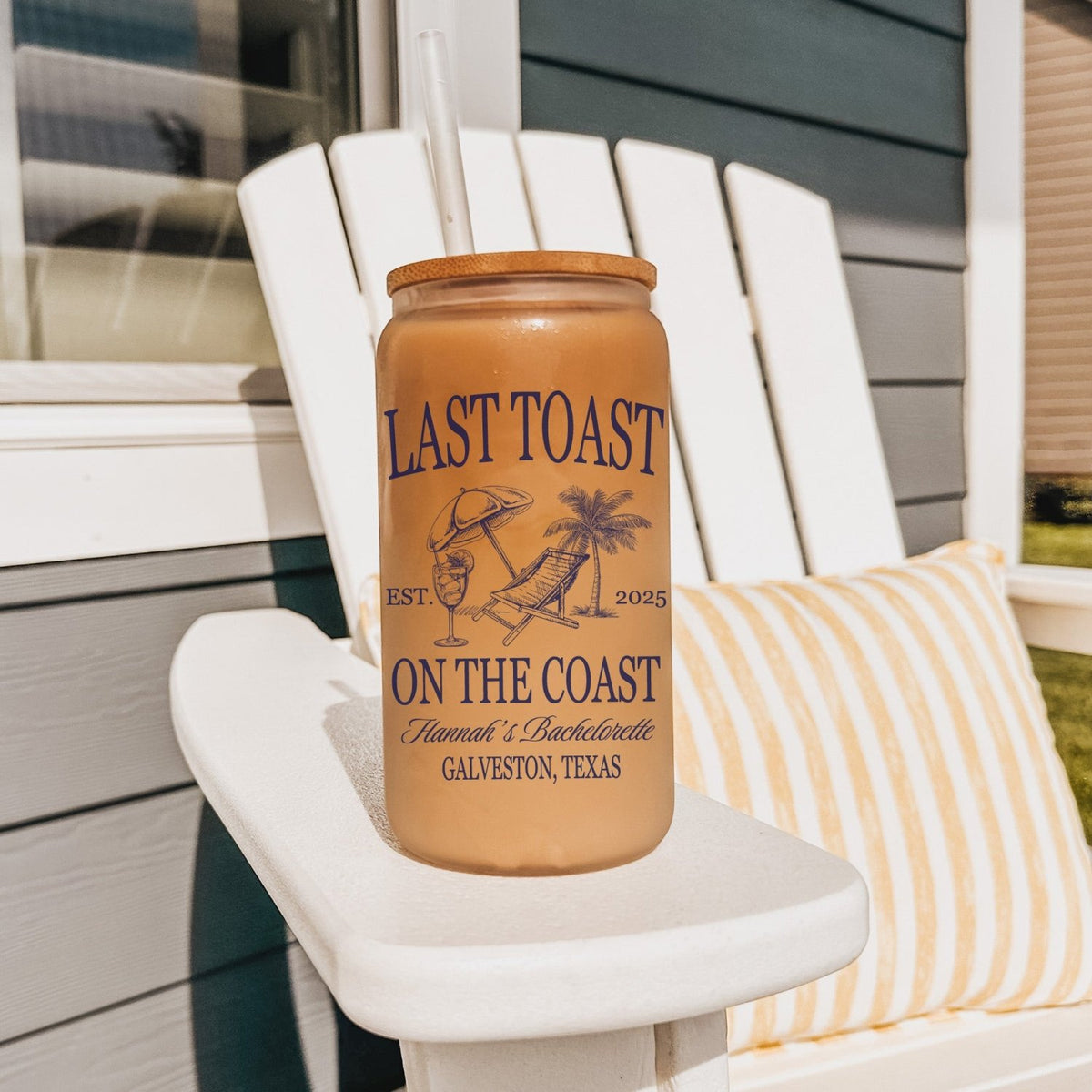 This personalized glass can is the perfect iced coffee cup gift for the bride and bridesmaids at a beach bachelorette party.