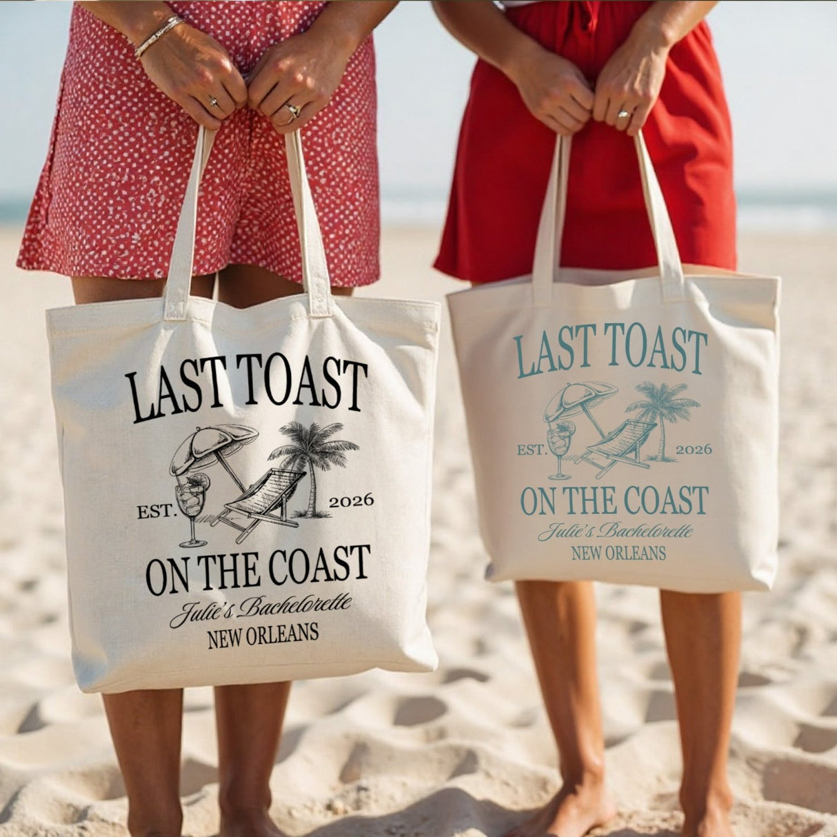 Custom Last Toast on the Coast bachelorette tote bag with personalized name, perfect for beach bachelorette gifts.