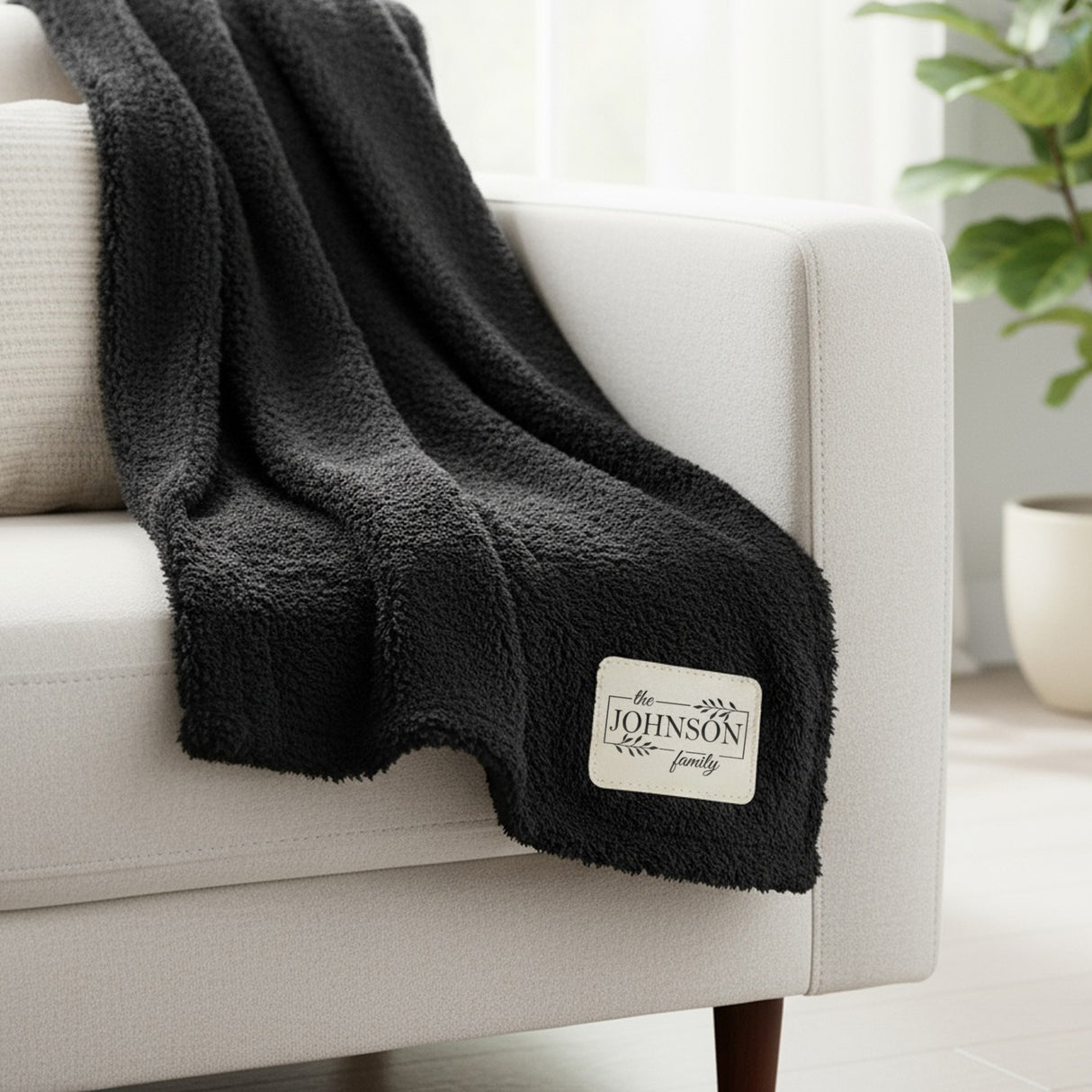 Plant Box w Last Name Personalized Throw Blanket with Leather Patch, Custom Family Gifts