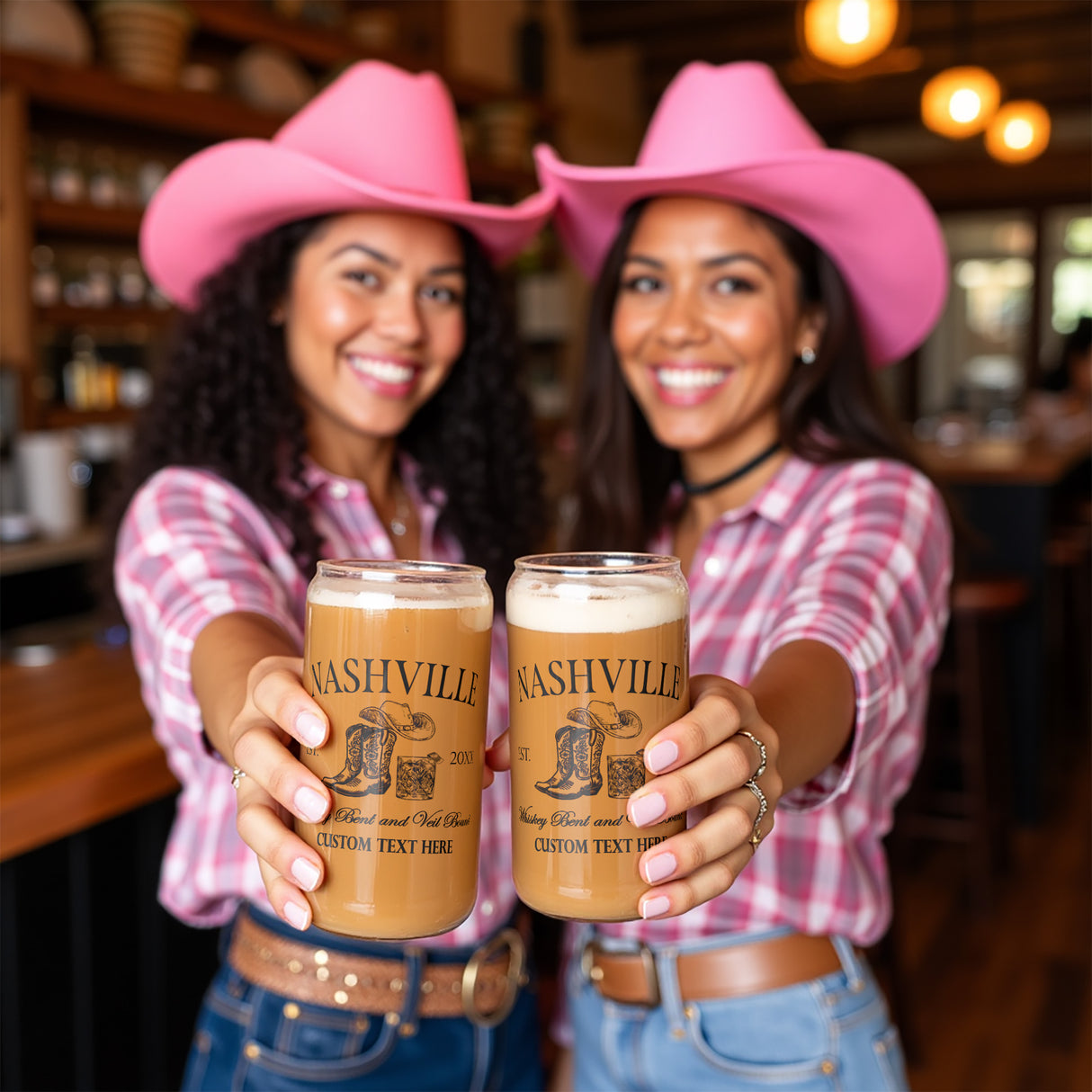 Personalized bachelorette iced coffee glass with custom bridal party names, perfect for country bride tumbler sets, Western bachelorette favors, and glass can gifts for bridesmaids.