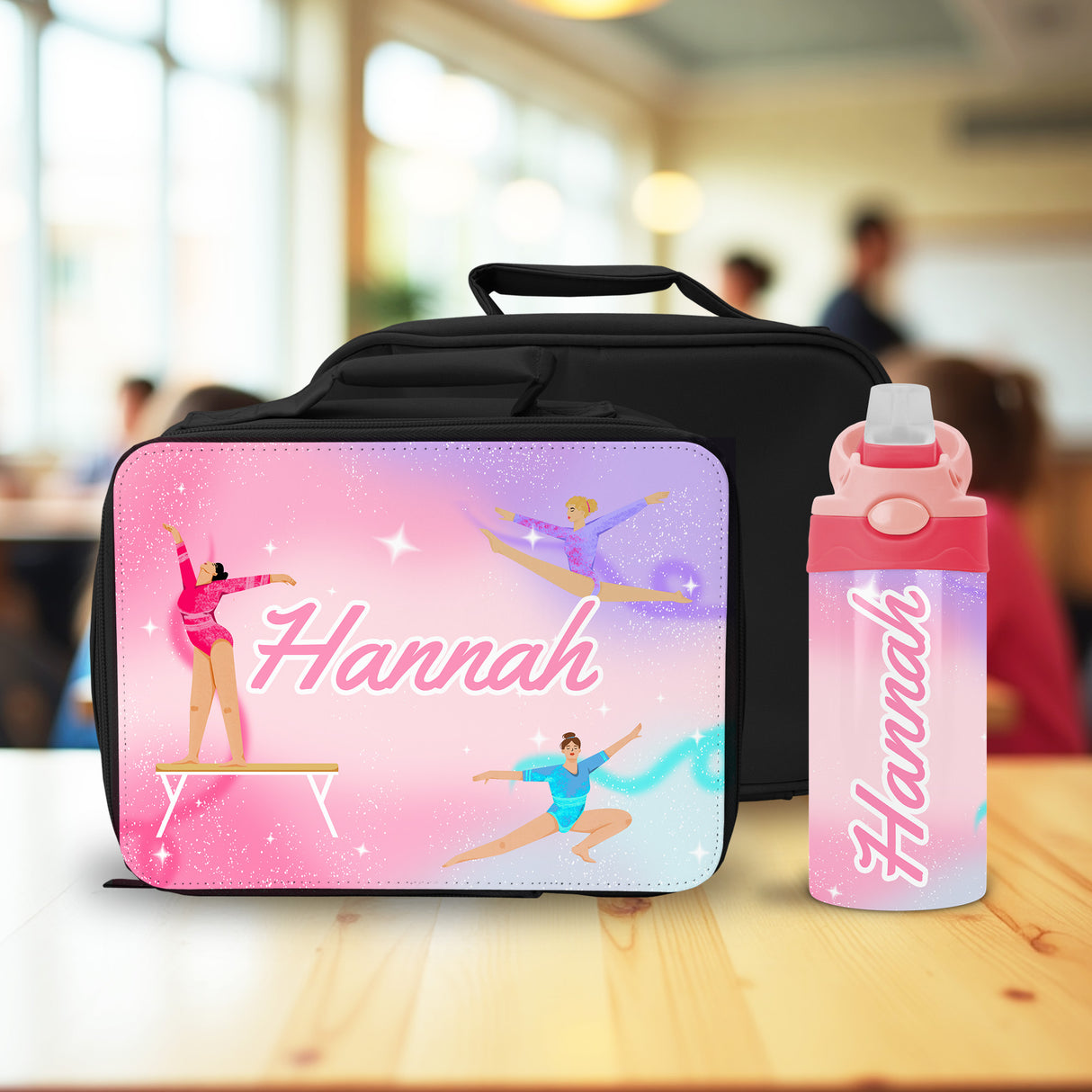This personalized gymnastics lunch box and water bottle set with name is perfect for school or gym days.