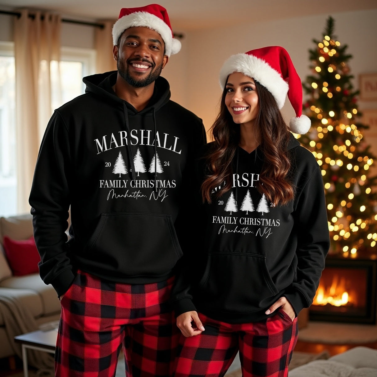 Couples matching Christmas pajamas.