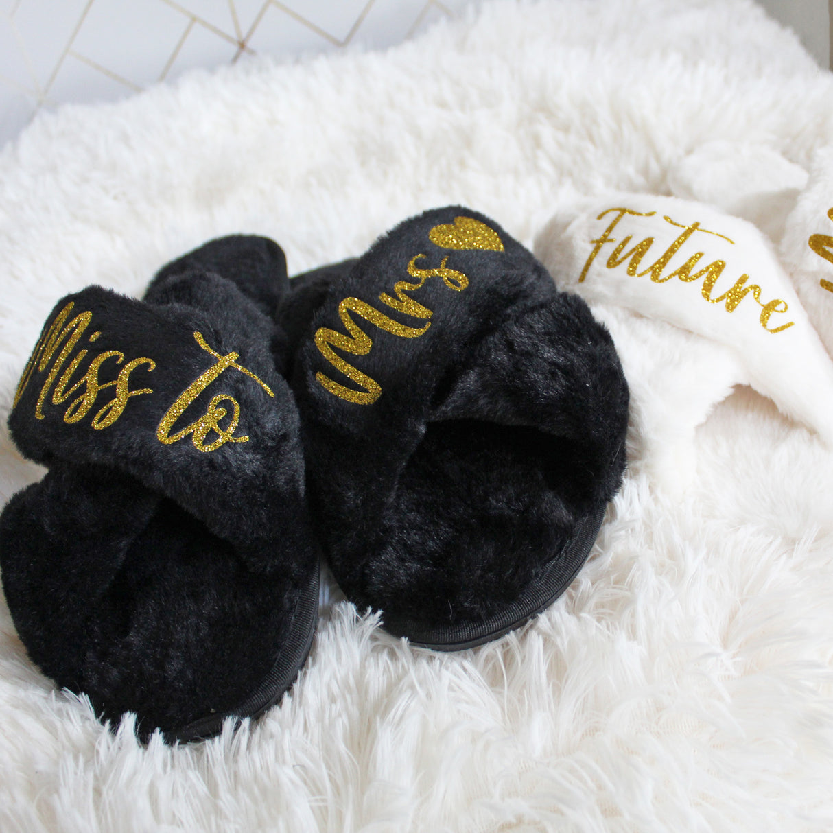 Fluffy white slippers for future bride, perfect gift idea for engagement or bridal shower.