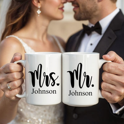 Personalized couples coffee mugs with Mr and Mrs design, ideal for bridal shower or engagement gift ideas.