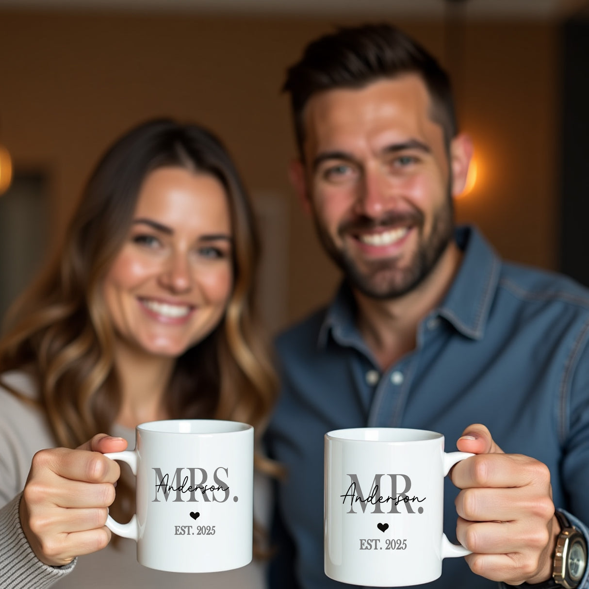 Personalized wedding mug set with Mr and Mrs design, ideal engagement or anniversary mug gift.