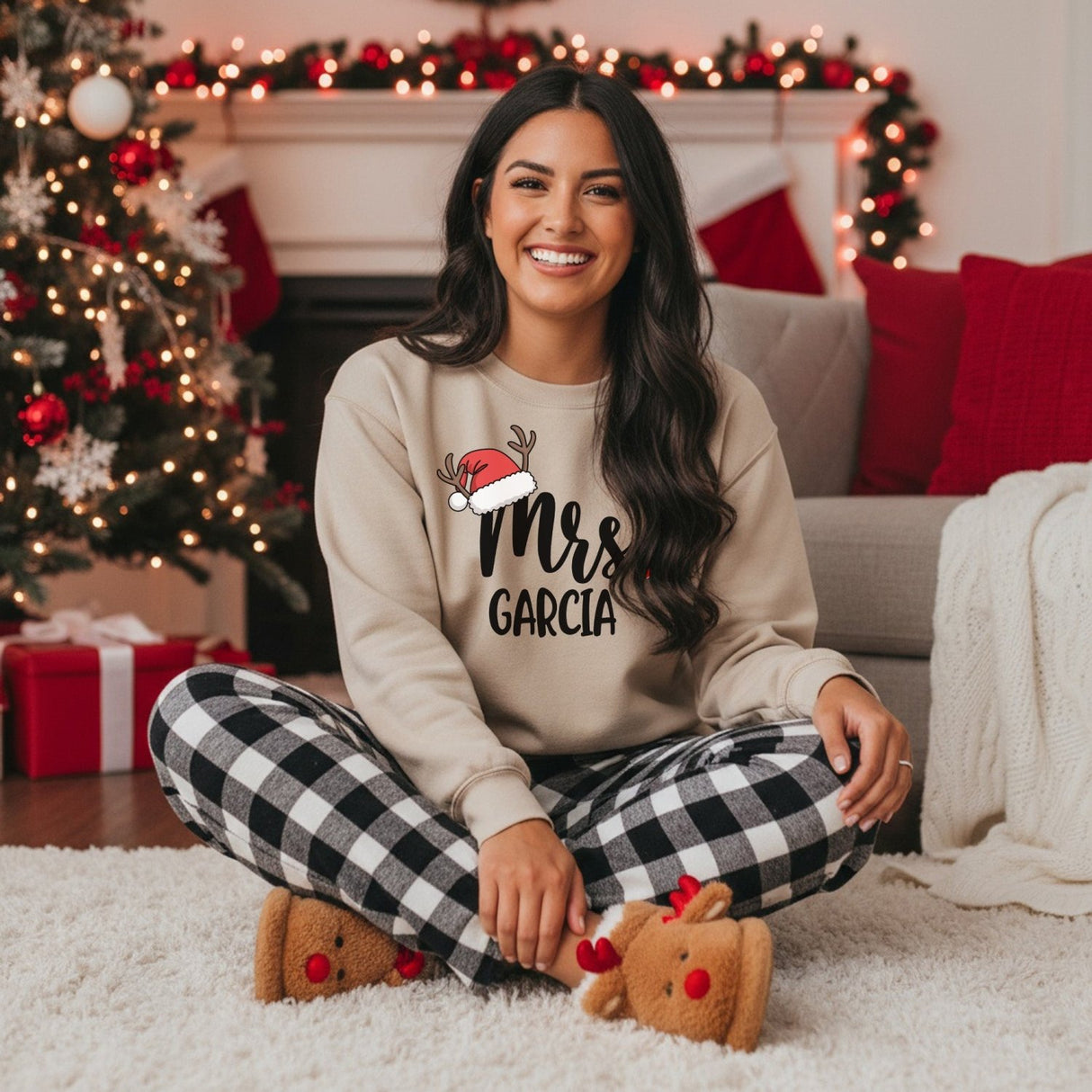 Mr and Mrs Santa Hat Personalized Matching Couples Christmas Pajama Set with Black Plaid Pants - Gifts Are Blue