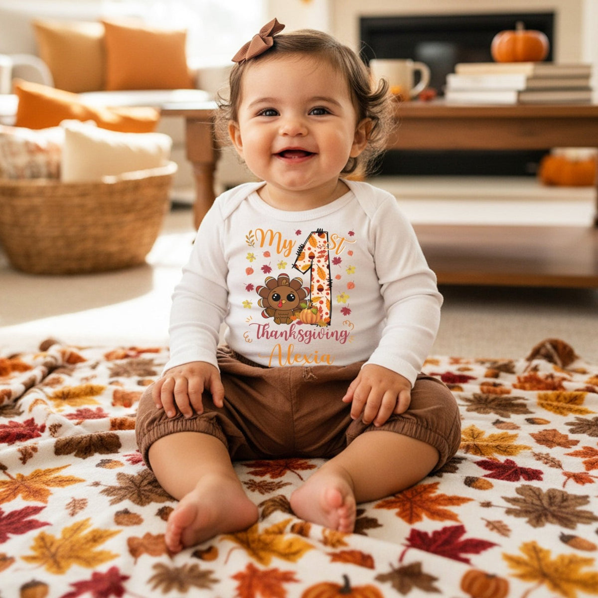 Colorful My First Thanksgiving Onesie Outfit Personalized with Name for Baby Girl and Boy - Gifts Are Blue