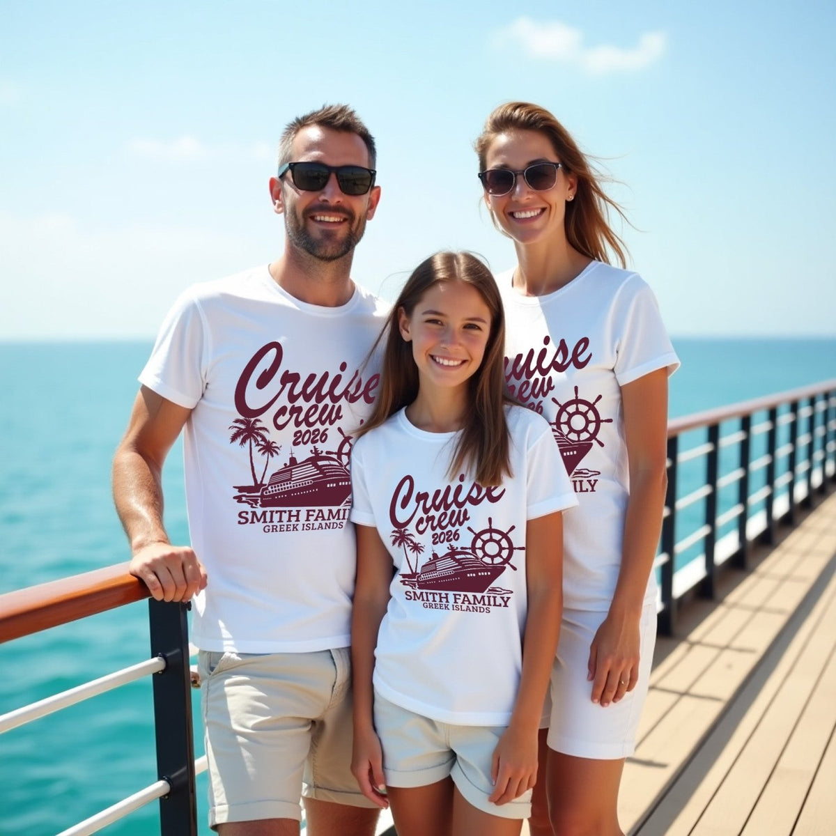 Custom Family cruise white shirts perfect for beach vacations, cruise days, and family photos with personalized names.