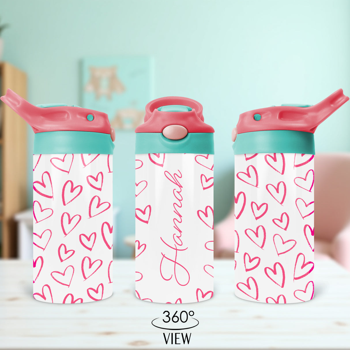 Cute heart water bottle with custom name for kids makes the perfect gift for girls going back to school.