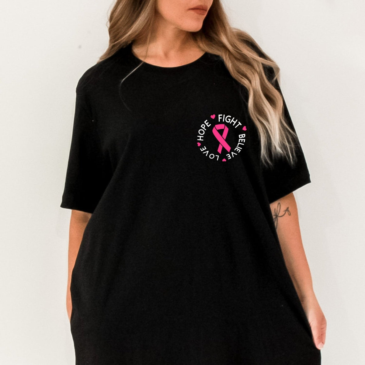 Wear this breast cancer awareness tee with "Hope Fight Believe Love". The perfect cancer awareness shirt gift.