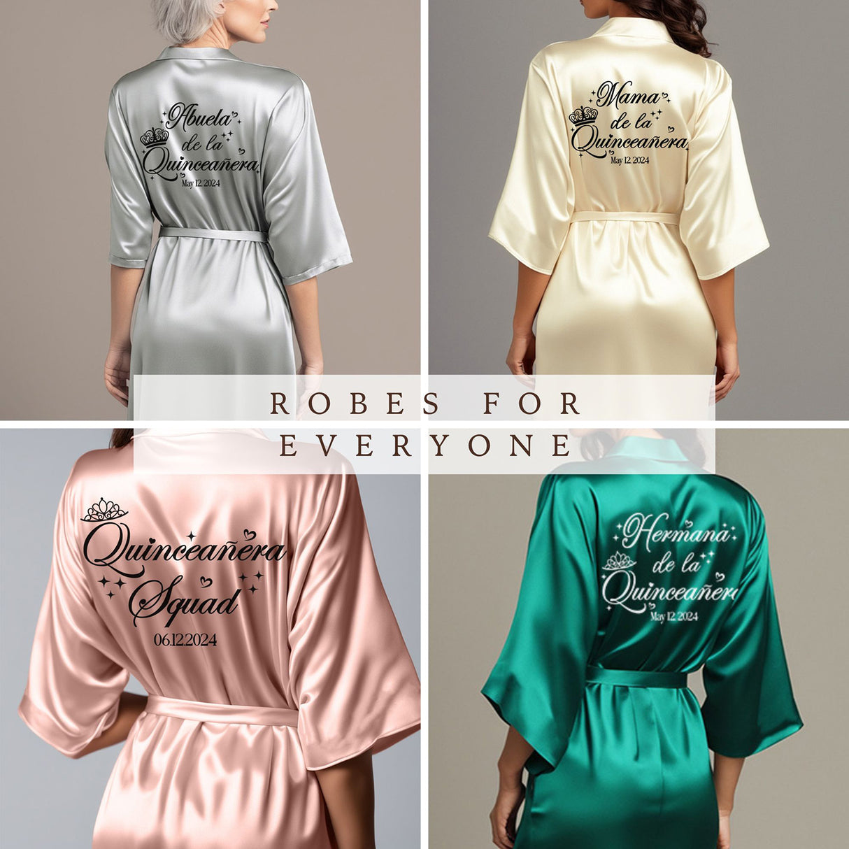 Personalized quinceanera robes for the whole family. Cute satin Mis Quince Anos robes with glitter. all SKUs