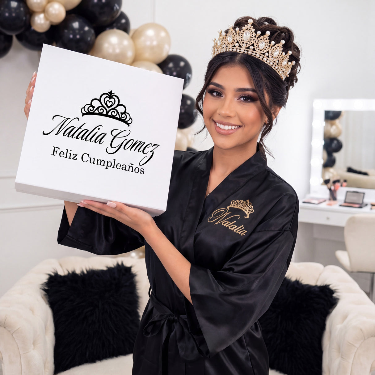Black and Gold Quinceanera Gift Box w Rhinestone Cup and Jewely Box