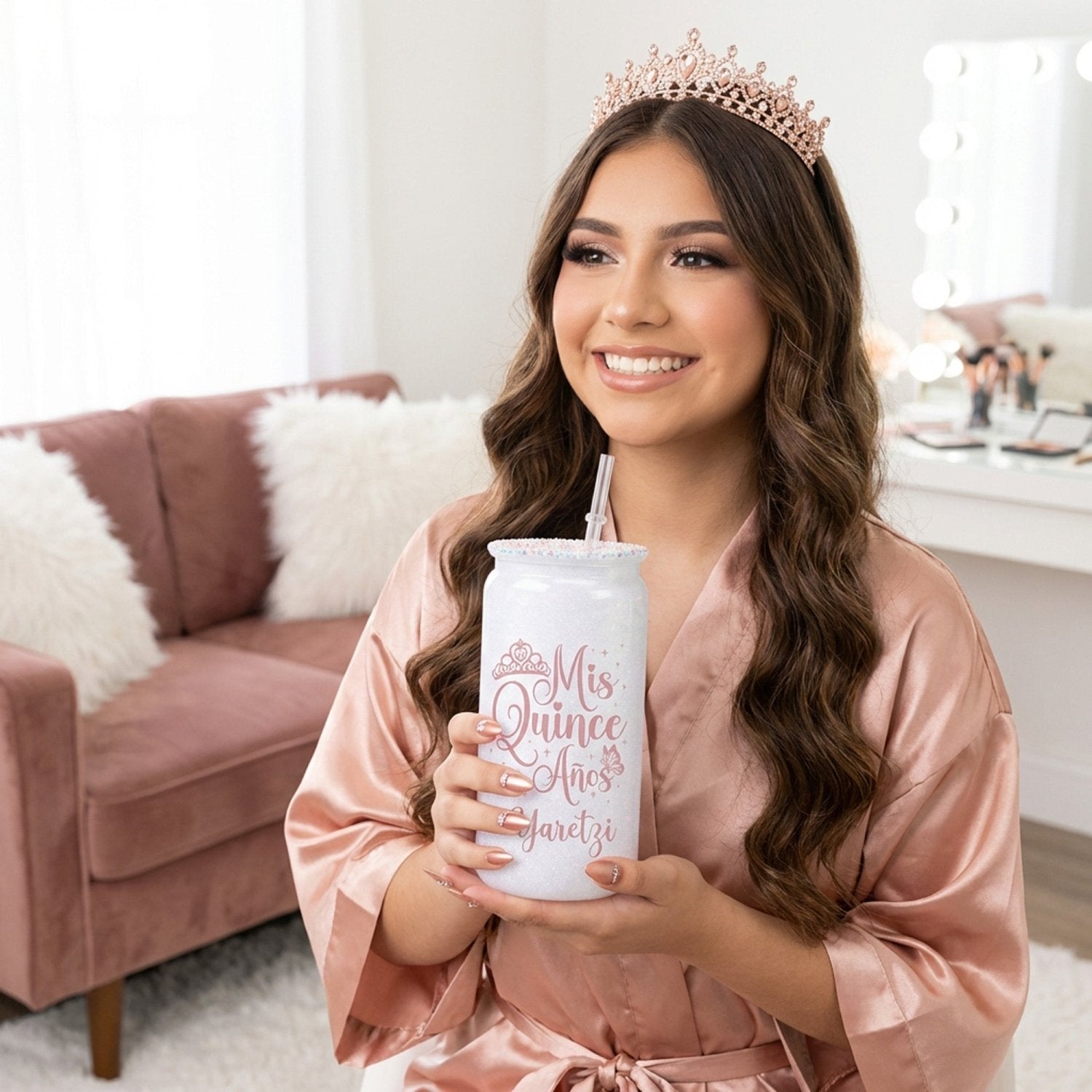 Rose Gold Quinceanera Gift Box w Rhinestone Cup and Bracelet - Gifts Are Blue