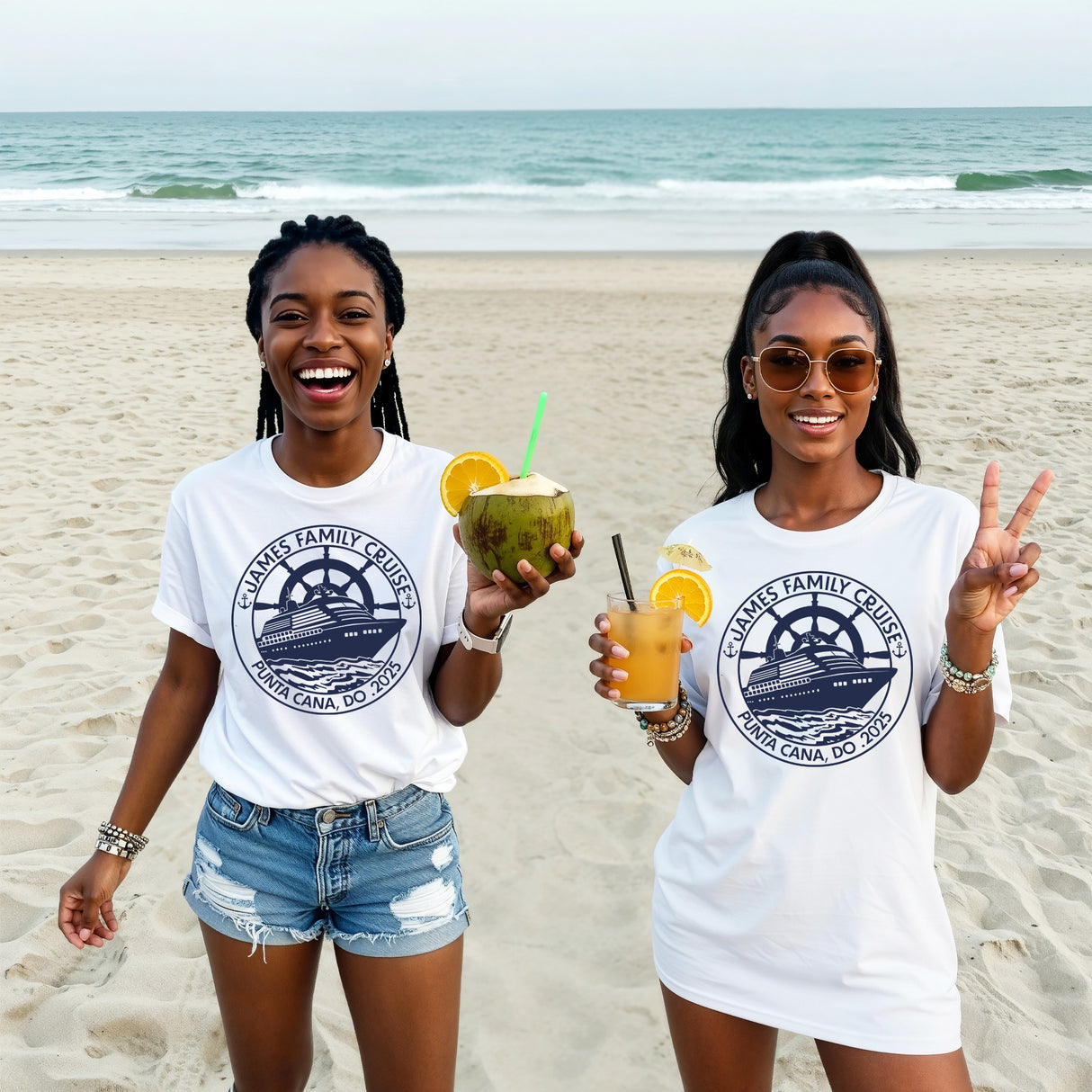 Personalized matching family cruise shirts featuring custom family names and vacation year.
