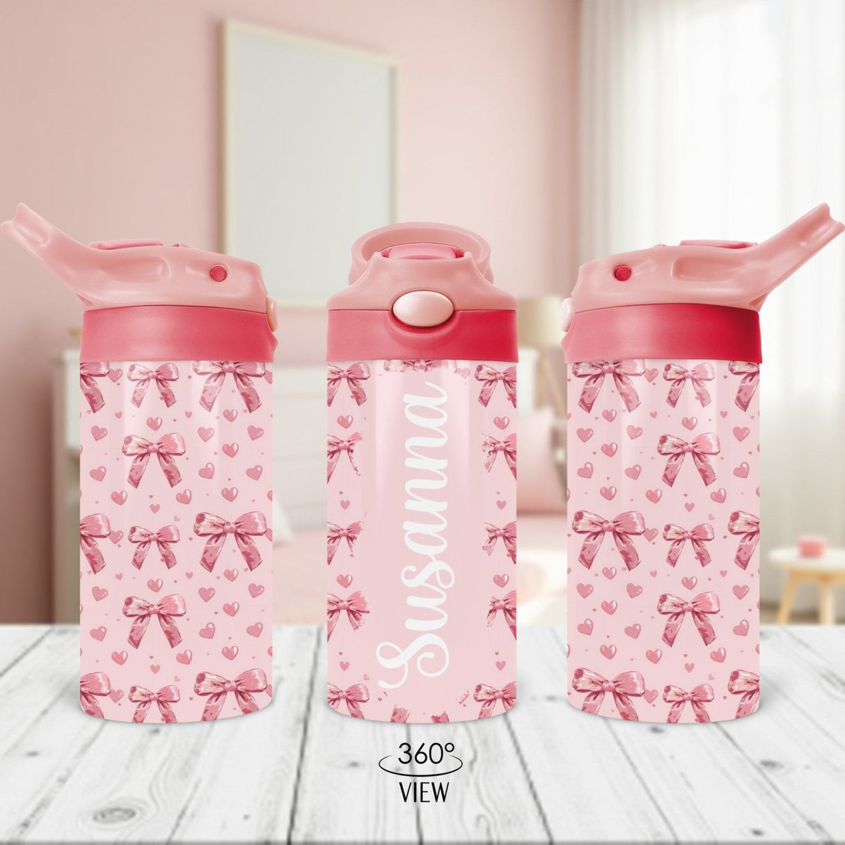 Custom pink water bottle for little girls with cute bows. The perfect personalized back to school gift for kids.