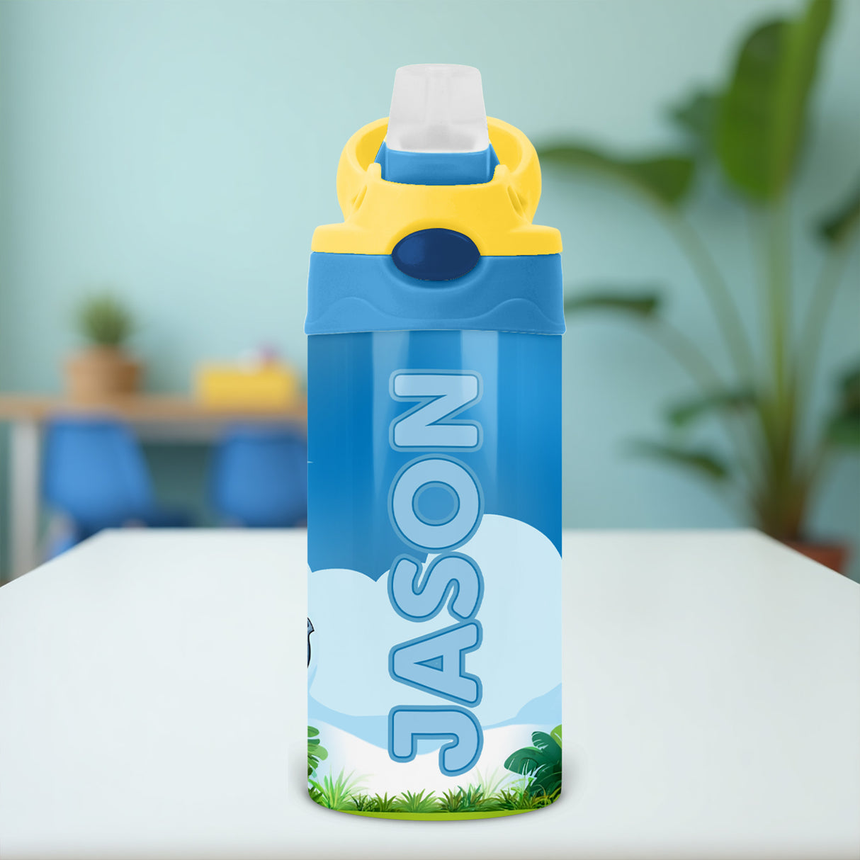 Custom Safari Water Bottle for Kids with Name featuring jungle animals ideal for preschool backpacks and back to school gifts.