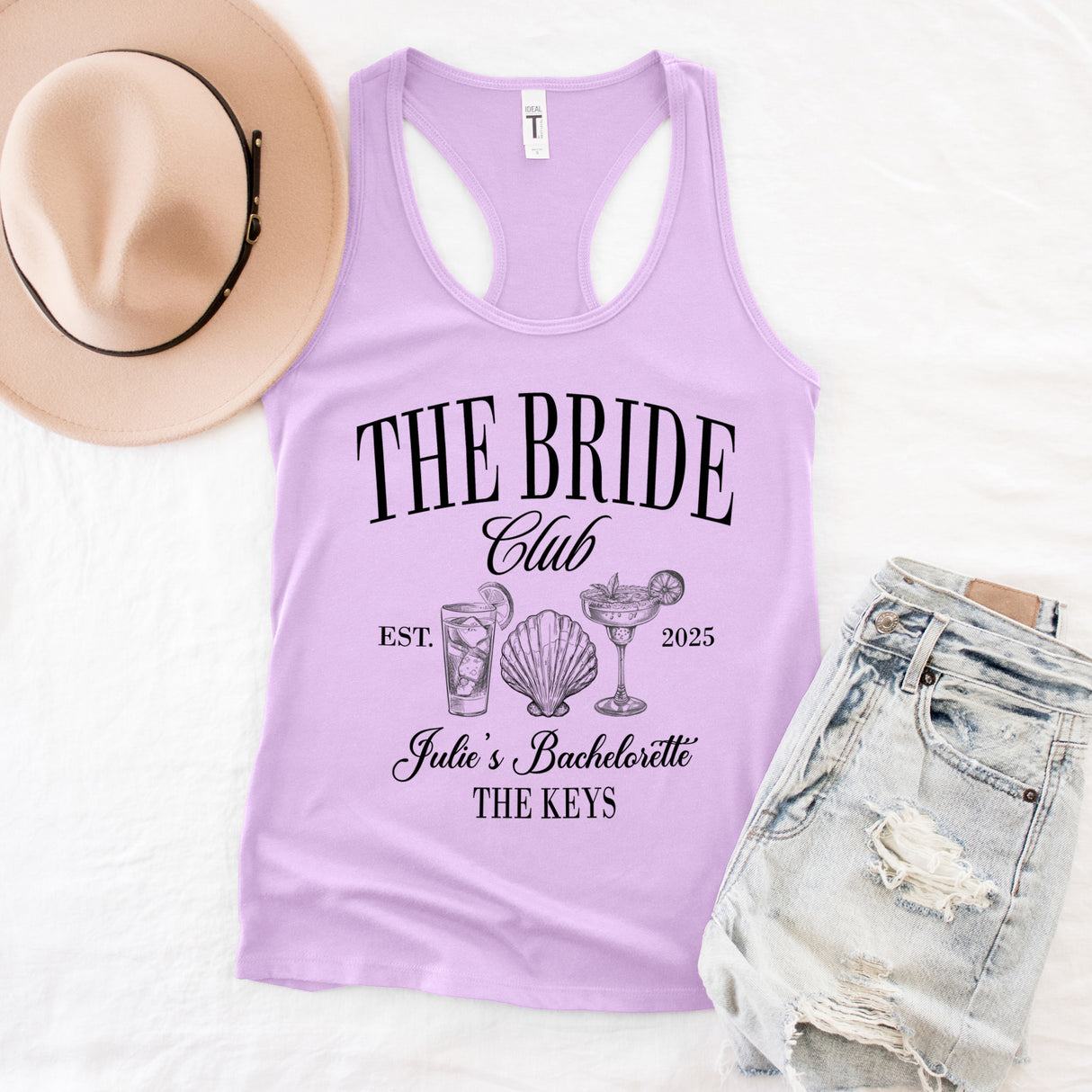 Matching bride and The Bach Club personalized tanks for bachelorette beach parties, perfect bridal party gifts and keepsakes.