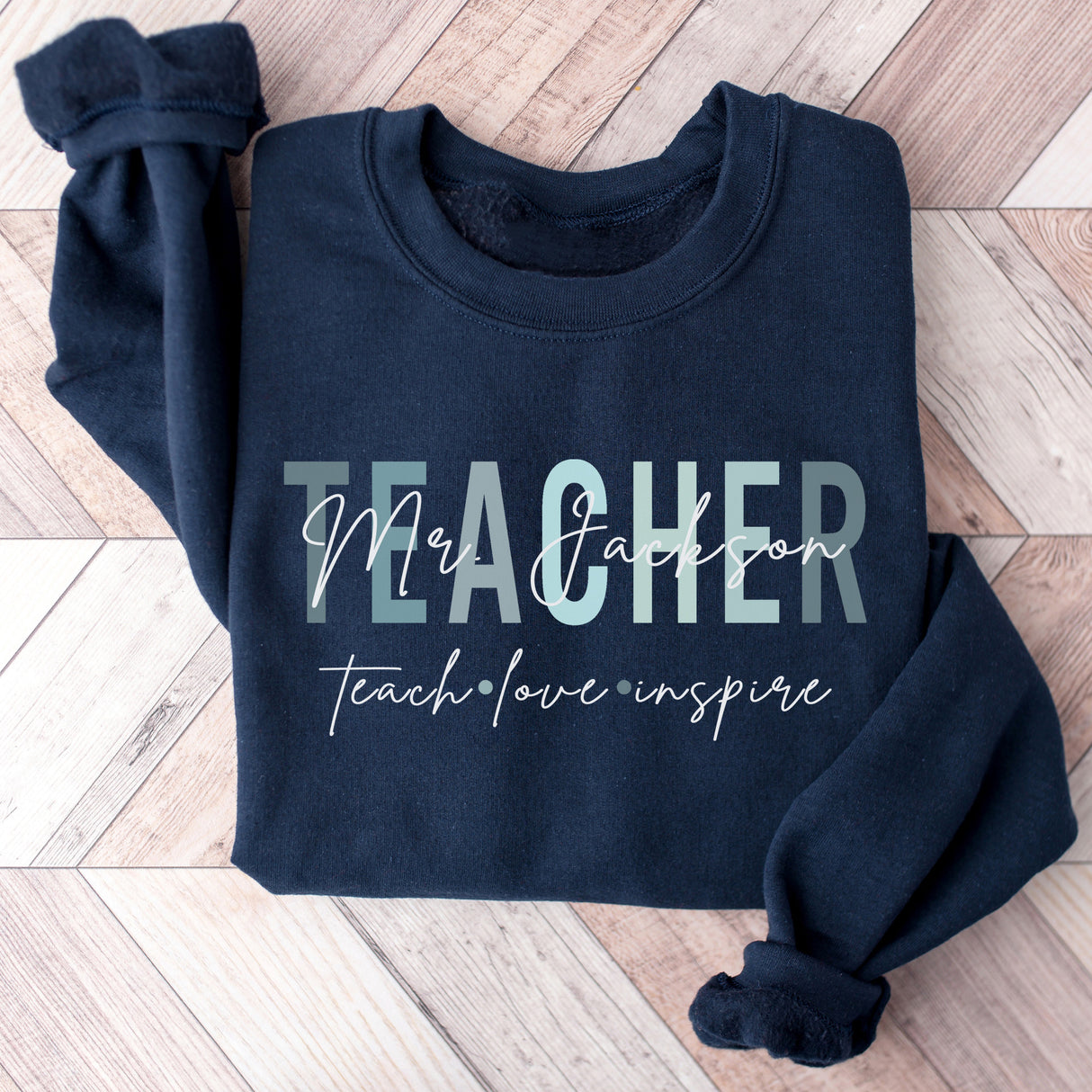 Custom crewneck sweatshirt with teacher’s last name, personalized gift for male teachers.