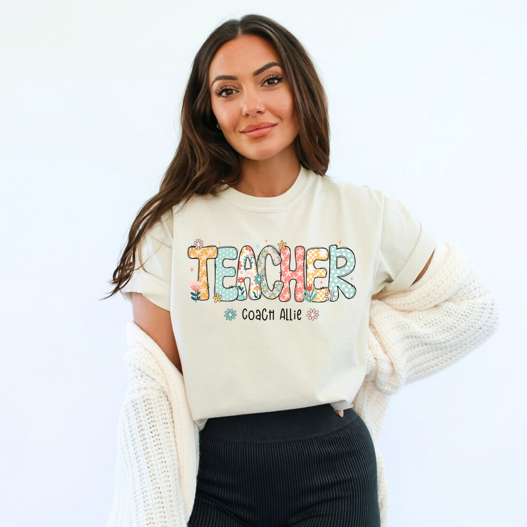 Woman wearing personalized Floral Comfort Colors teacher shirt with custom name, teacher appreciation gift for her.