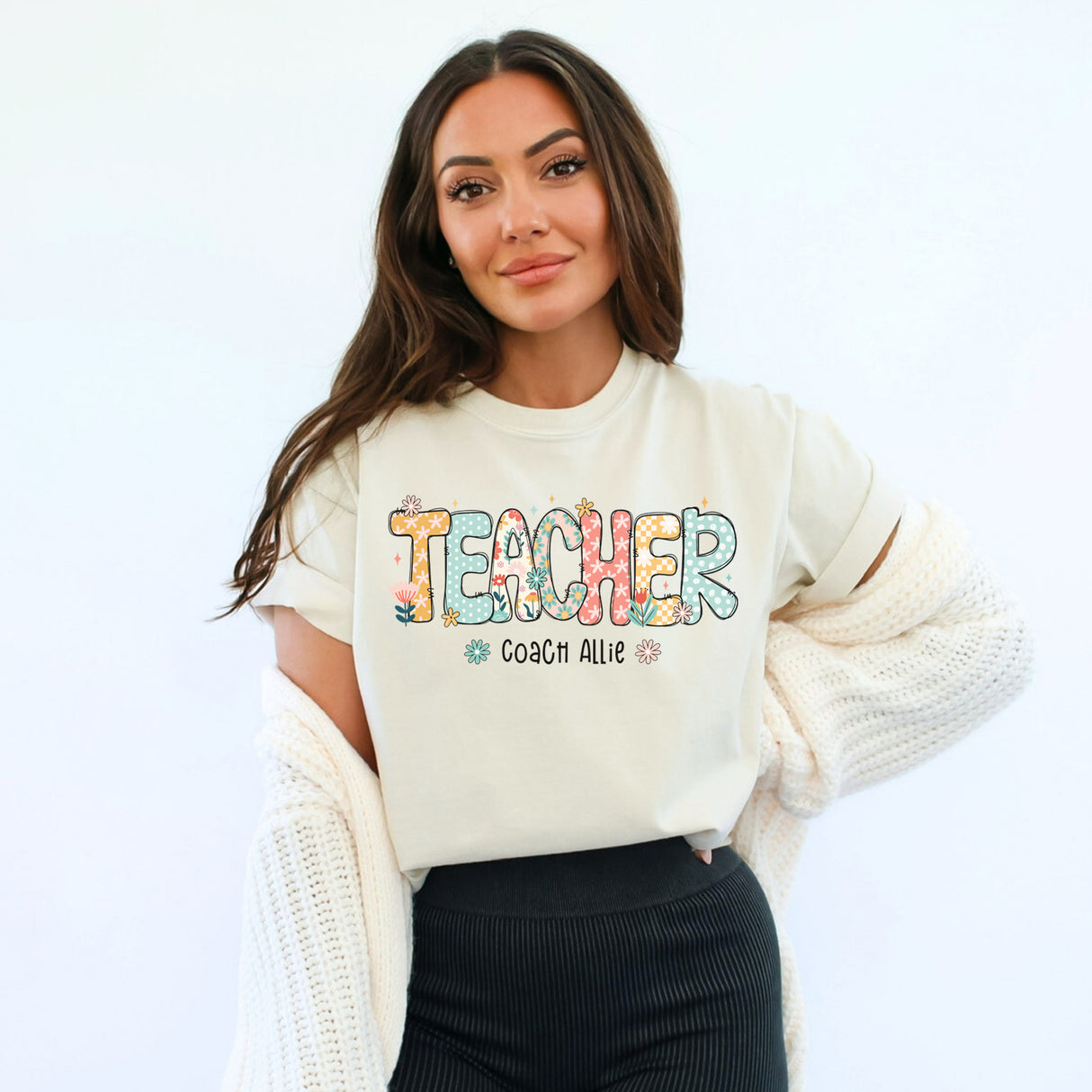 Woman wearing personalized Floral Comfort Colors teacher shirt with custom name, teacher appreciation gift for her.