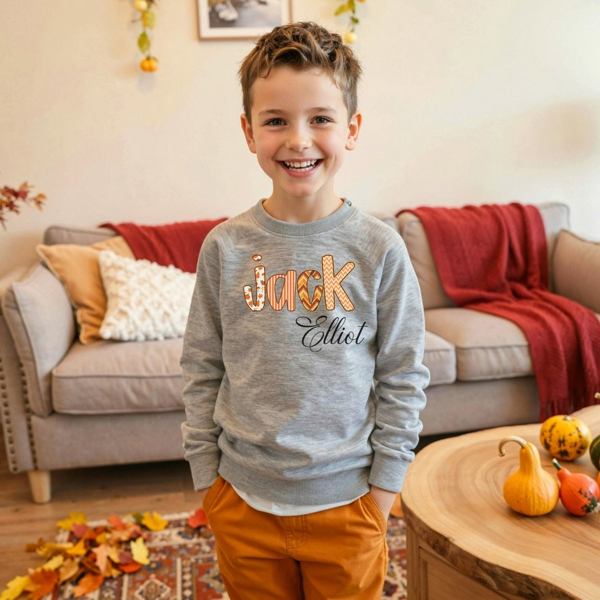 Preppy Retro Alphabet Fall and Thanksgiving Sweaters and Onesies Personalized with Name - Gifts Are Blue