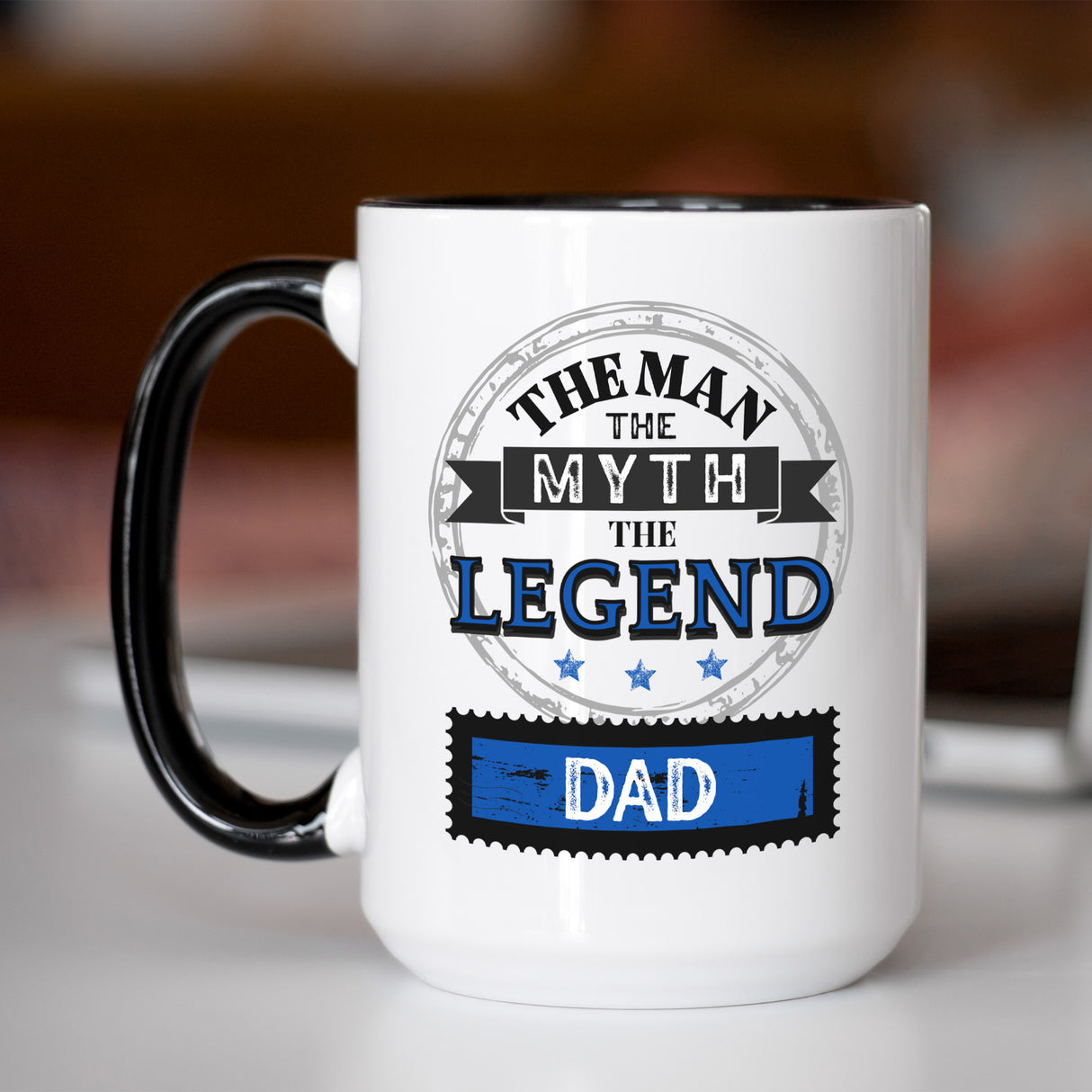 Personalized coffee mug gift for dad from kids or wife with bold black text for Father's Day. Black and white mug for father.