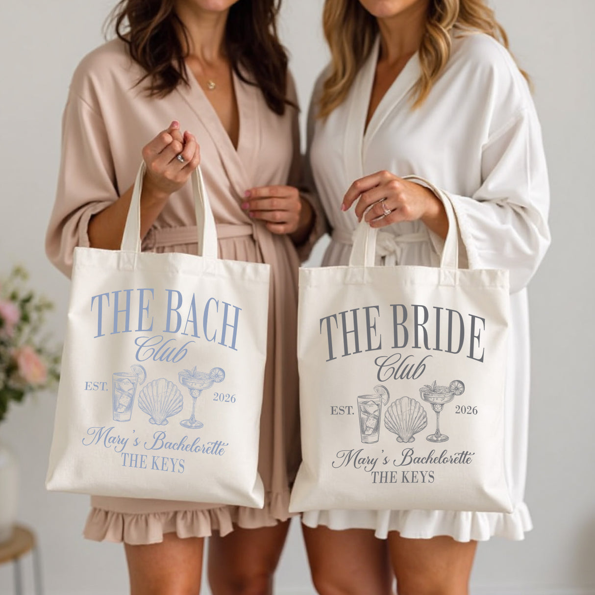 Custom bachelorette beach tote bag with personalized bridesmaid name. Personalized bridesmaid tote bags for beach bachelorette party favors.