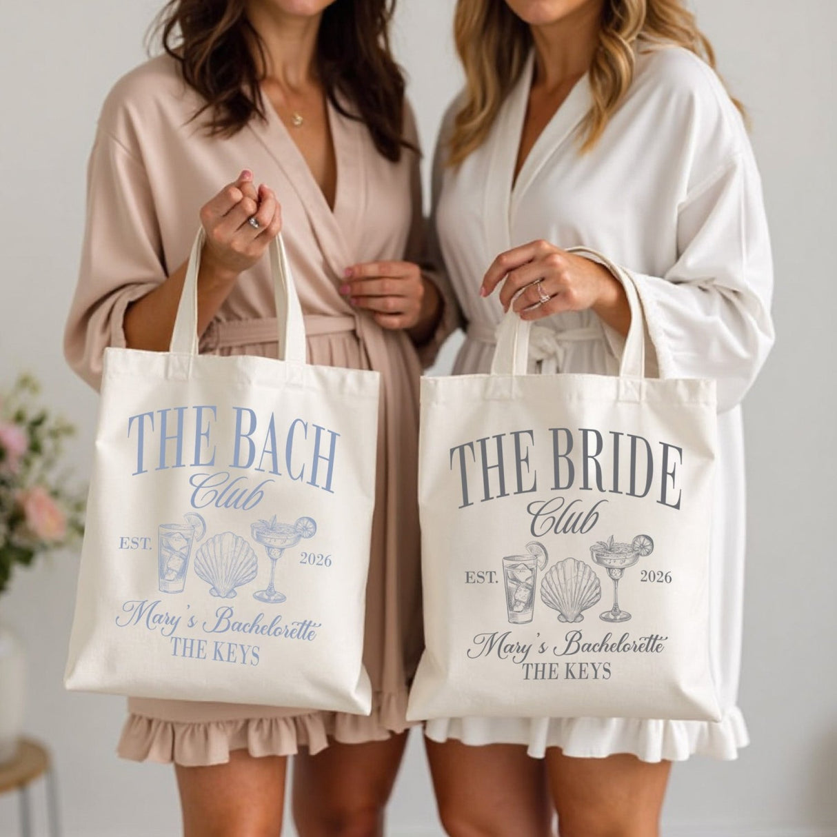 Custom bachelorette beach tote bag with personalized bridesmaid name. Personalized bridesmaid tote bags for beach bachelorette party favors.