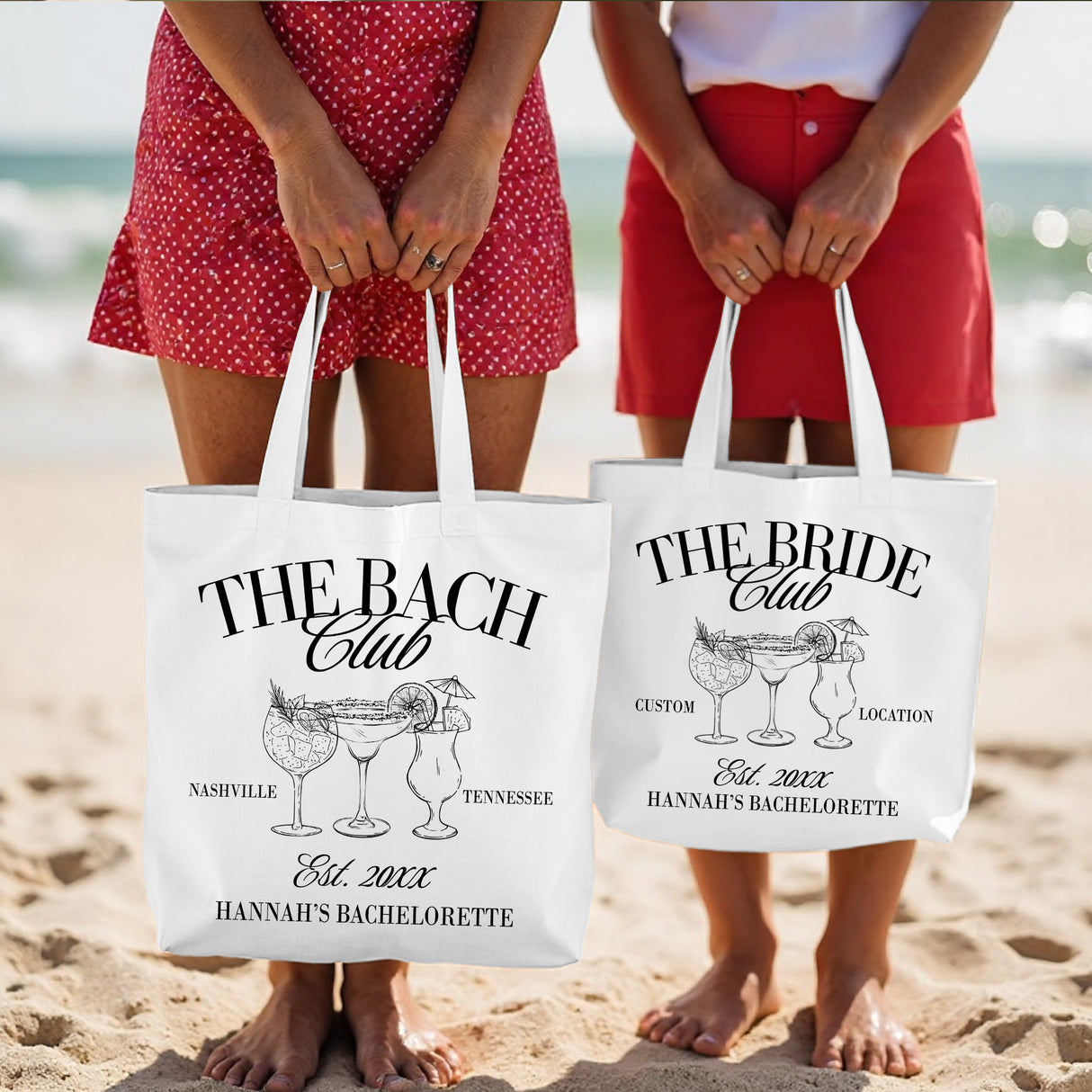 Custom bachelorette gifts for the bride and bridesmaids. Perfect for carrying essentials during the bachelorette party or wedding weekend.