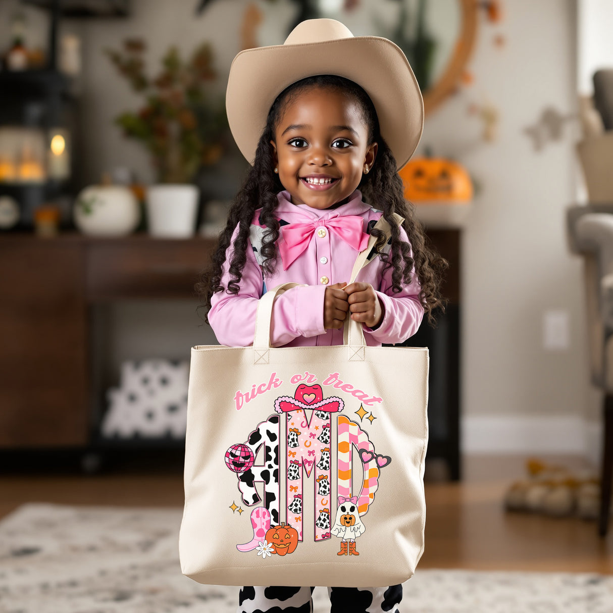 Cute Pink Cowgirl Monogram Personalized Halloween Bag for Girls, Trick or Treat Bags