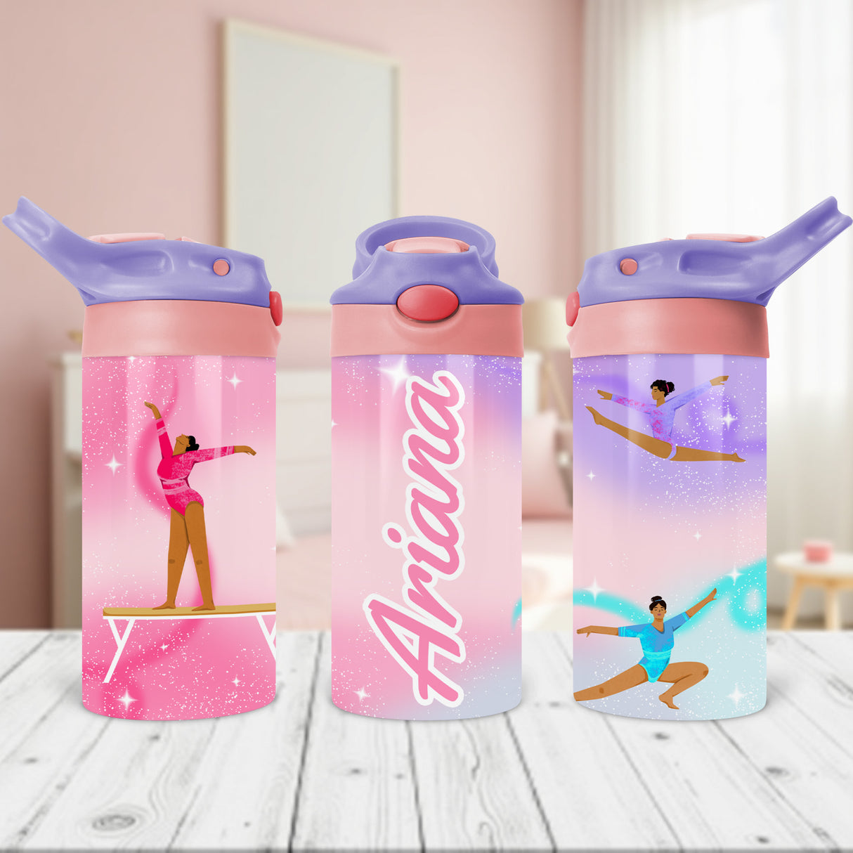 Custom water bottle with name for girls in gymnastics, the perfect back to school gift for your daughter.