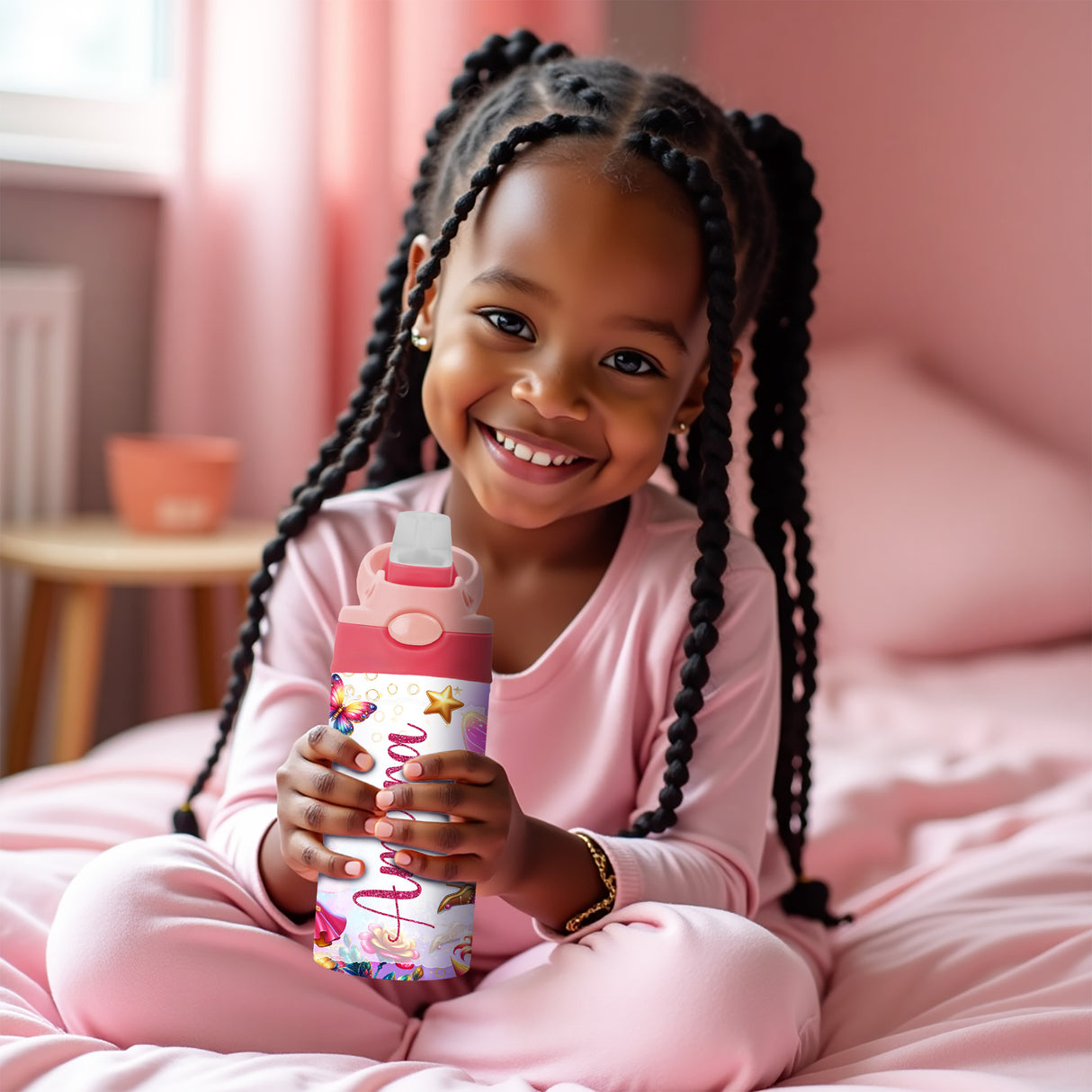 Girls personalized water bottle for school with a fairy print and custom name, perfect for backpacks and lunch boxes.