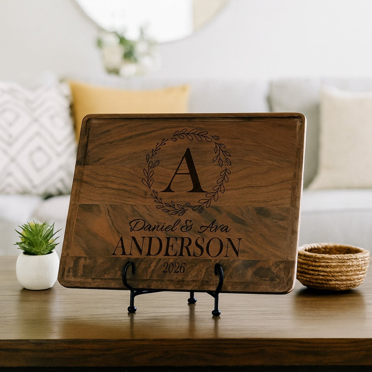 Walnut wood personalized cutting board gift for couples. Easy wedding gifts, and anniversary presents.