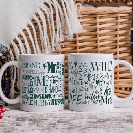 Wifey and Hubby coffee mug set, personalized ceramic mugs for couples.