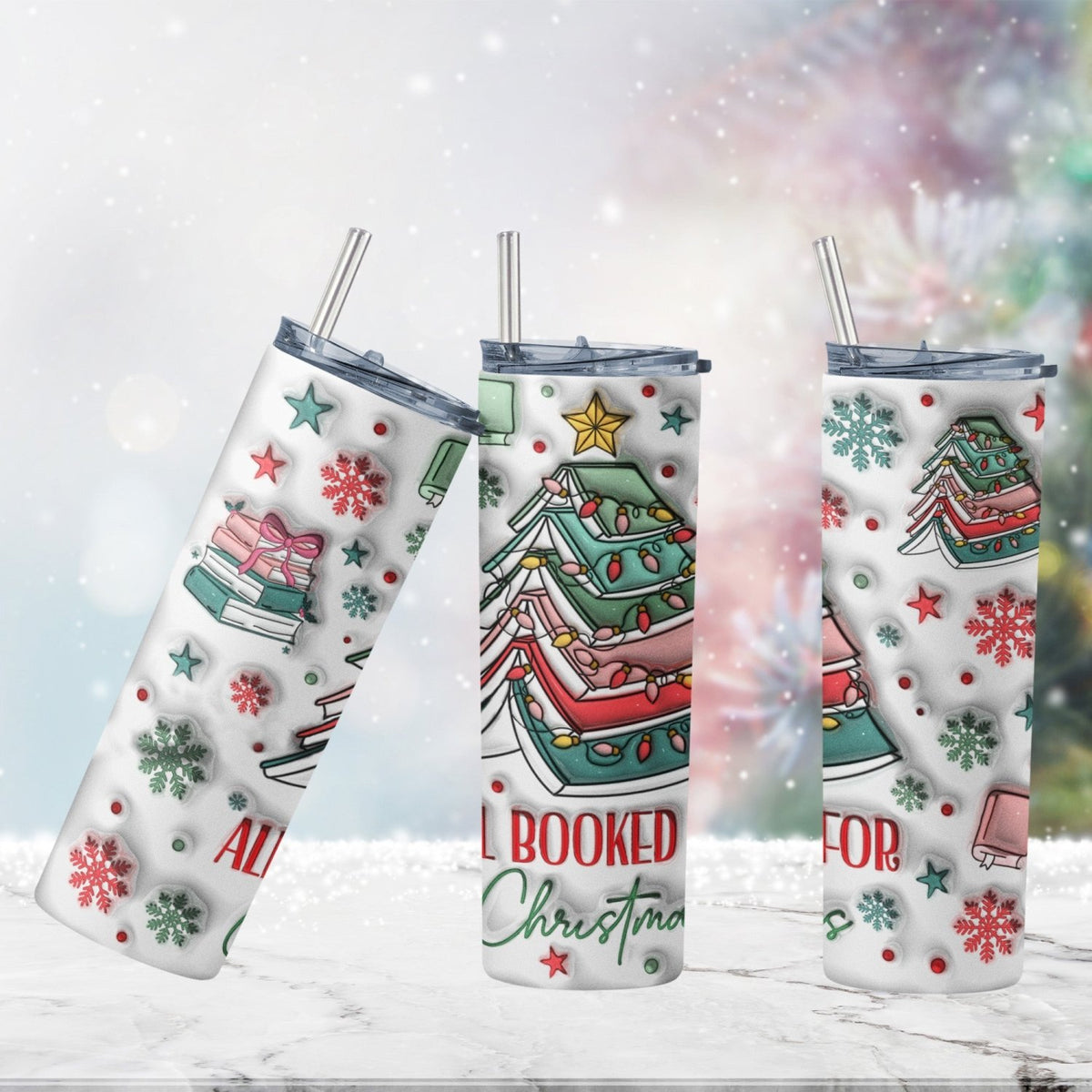 Cute 20oz All Booked For Christmas Tumbler with Inflated 3D Design for Book Lovers - Gifts Are Blue