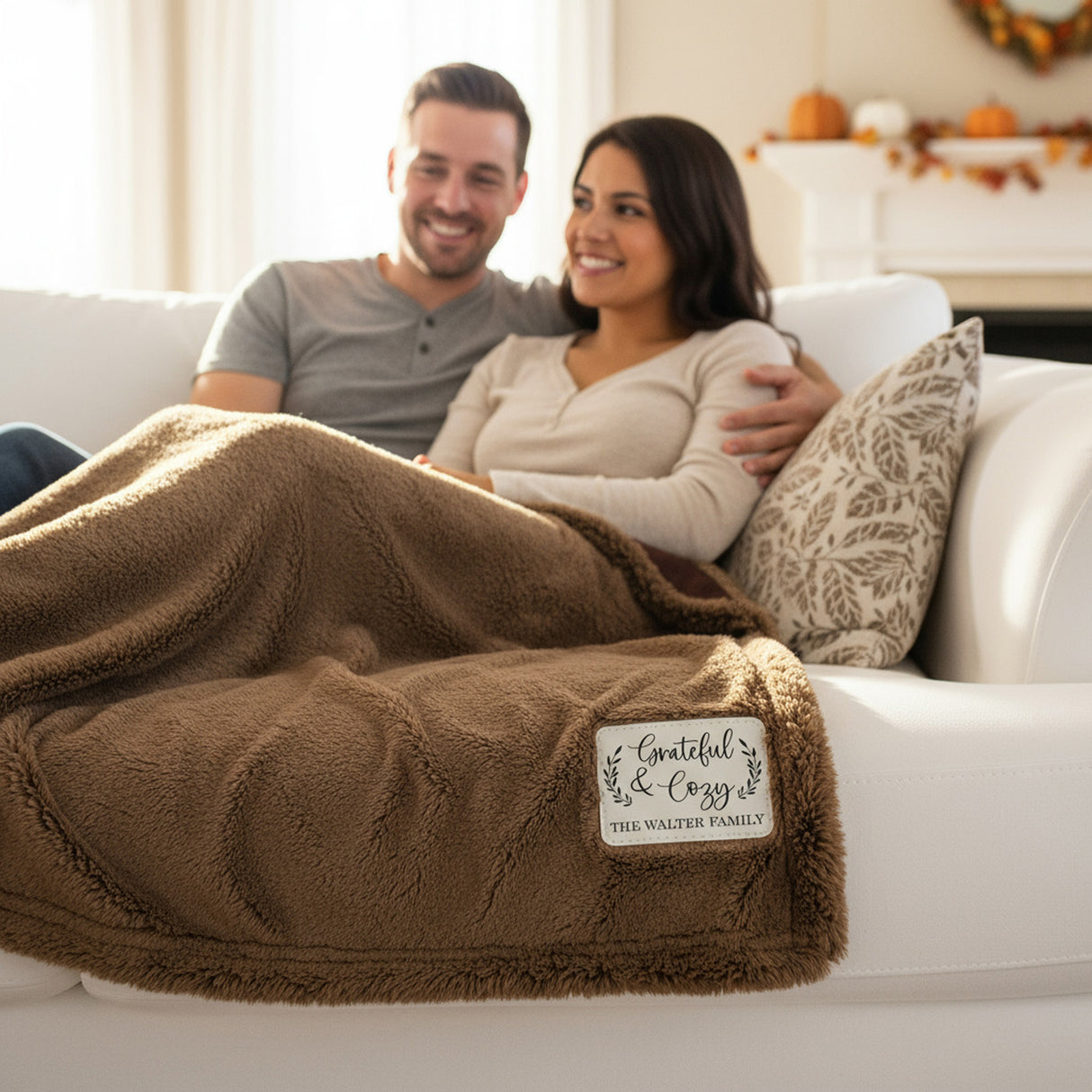 Grateful and Cozy Personalized Throw Blanket with leather Patch, Fall Decoration