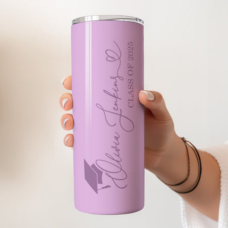 Custom Class of 2025 tumbler with personalized name and graduation cap design, perfect keepsake for her.