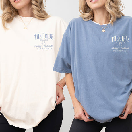 Custom Comfort Colors bachelorette shirt for bride squad, personalized with names, year, and location, featuring a stylish coquette bow.
