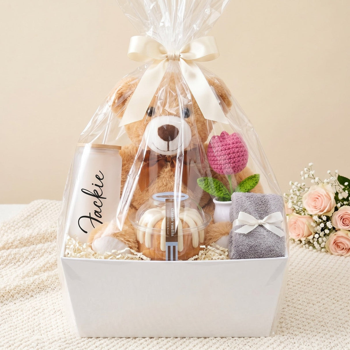 Cozy Cake Break Gift Basket with Bundt Cake, Teddy Bear & Glass Tumbler - Gifts Are Blue